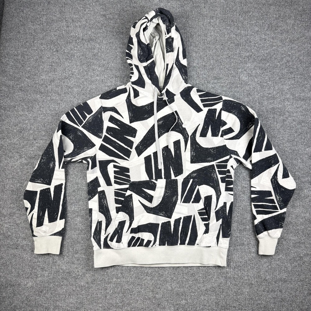 Nike Hoodie Mens Medium Gray Allover Logo Graphic Fleece Pullover DB4607-010